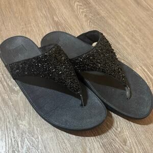 FitFlop Lulu CJ2-090 Black Shimmer Beaded Thong Sandals Size 9 EU 41